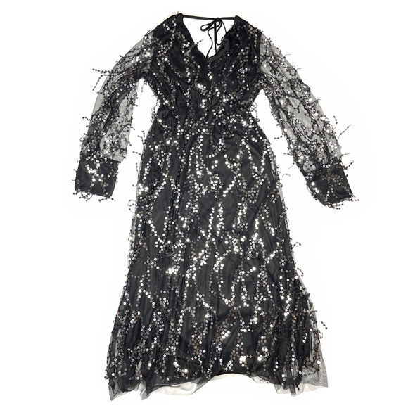 Sheer Black & Silver Mesh Dripping Sequins Long Sleeve Elegant Party Prom Dress - Picture 2 of 6